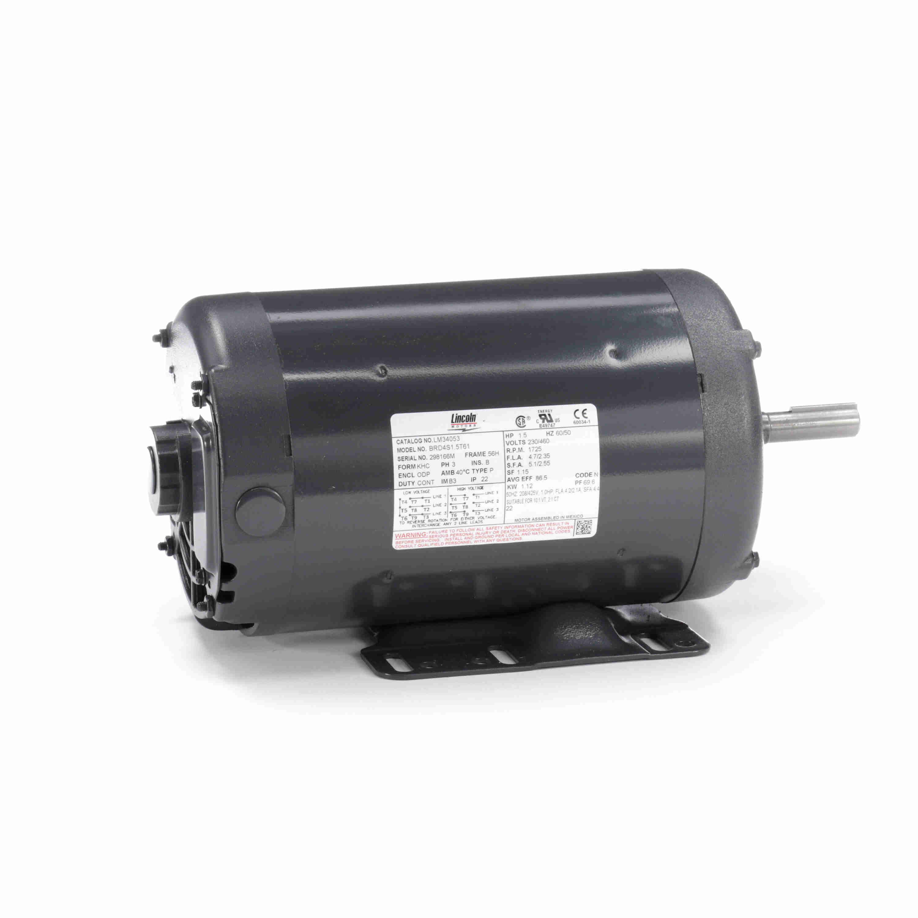 Leeson General Purpose Motor, 1.50 HP, 3 Ph, 60 Hz, 230/460 V, 1800 RPM,  56H Frame, DP - LM34053