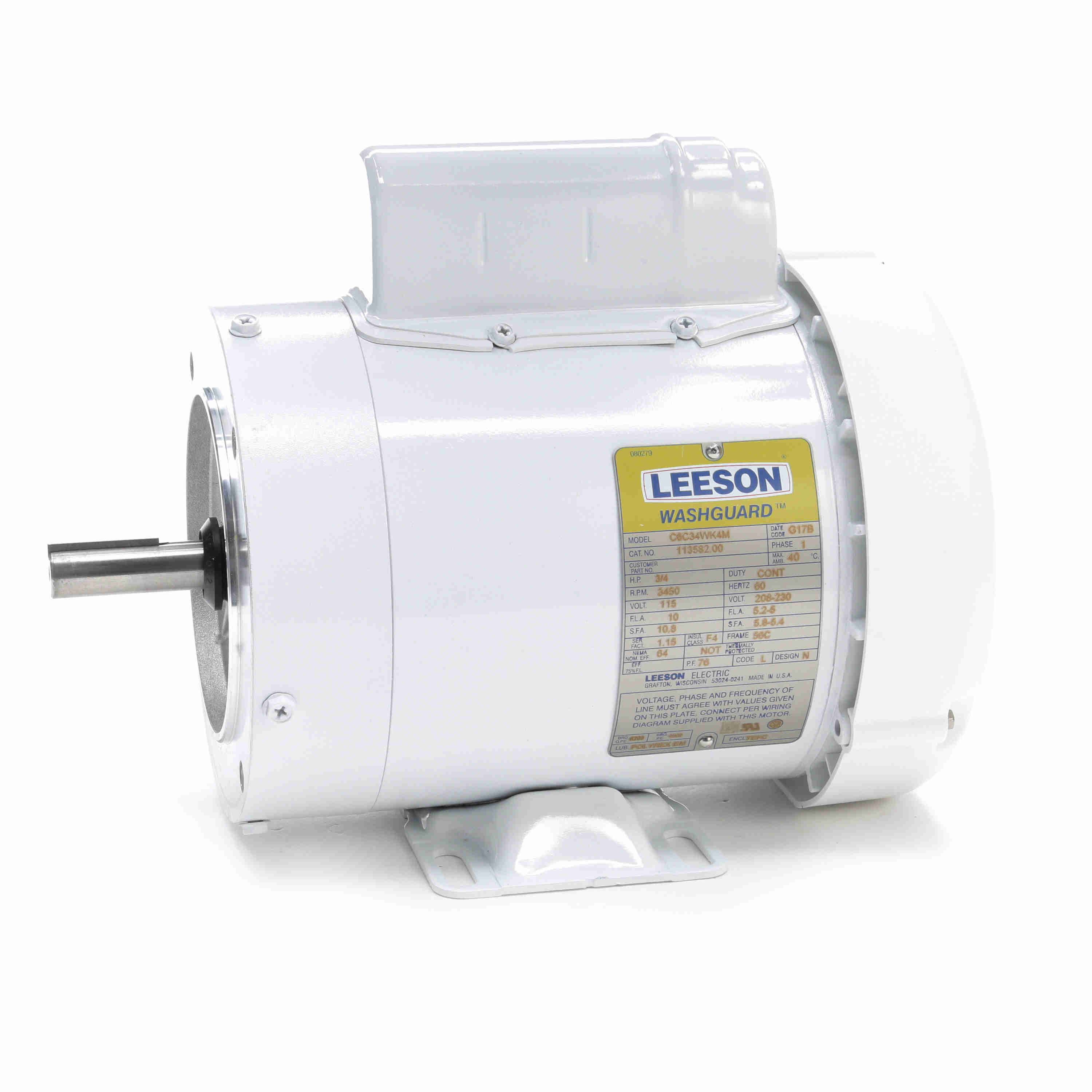 Leeson White Duck™ 0.75 HP Washdown Motor, 1 phase, 3600 RPM, 115/208-230  V, 56C Frame, TEFC - 113582.00
