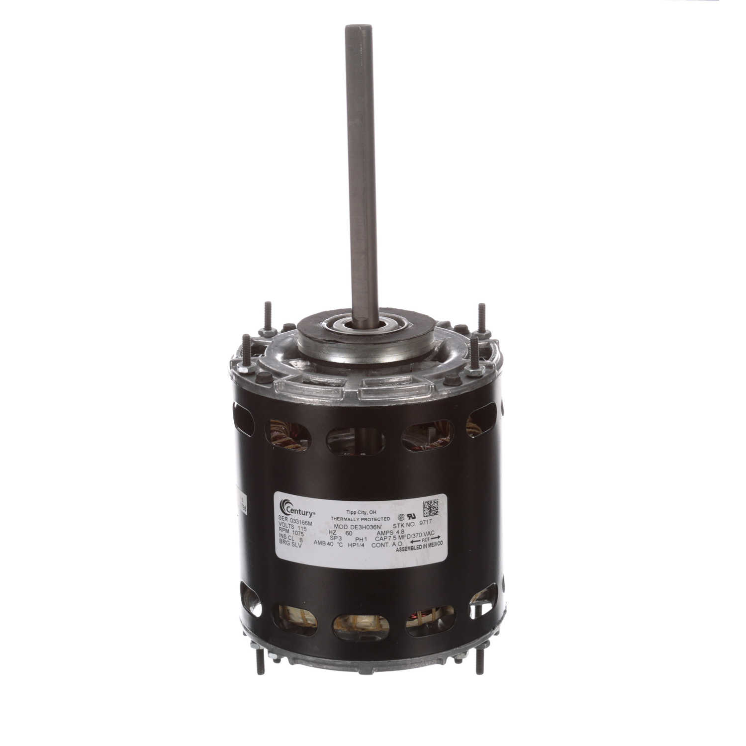 Century Fan and Blower Motor, 1/4 HP, 1 Ph, 60 Hz, 115 V, 1075 RPM, 3 ...